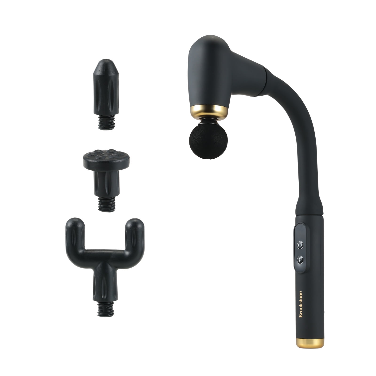 Brookstone Reachpulse Pro Long Handle Percussion Massager 6-Speed Deep Tissue Massage Gun with 4 Heads, Rechargeable Battery, Portable Handheld Muscle Therapy for Pain Relief & Recovery