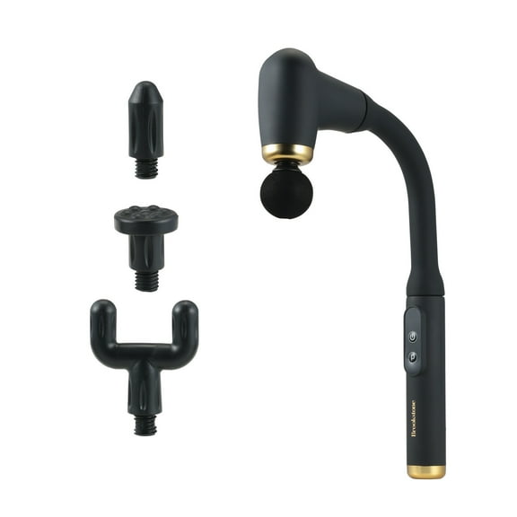 Brookstone Reachpulse Pro Long Handle Percussion Massager 6-Speed Deep Tissue Massage Gun with 4 Heads, Rechargeable Battery, Portable Handheld Muscle Therapy for Pain Relief & Recovery