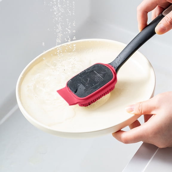 Long Handle Pot Cleaning Brush, Non Stick Oil Resistant Kitchen Scrubber with Scraper, Soft Bristles No Damage to Cookware, Wok Pan Dish Cleaning Tool, Home Kitchen Daily Cleaning