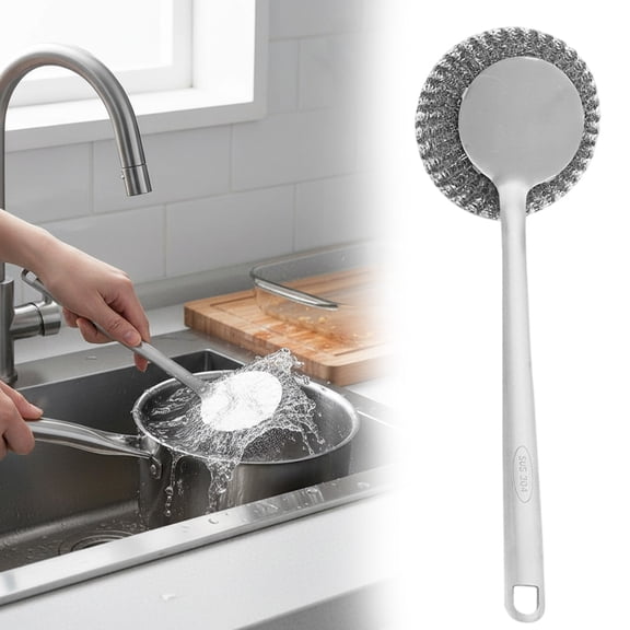 Long Handle Pot Pan Scrubber, 12.3'' Steel Wool Scrubber with Handle, Dish Scrubber with Removable Stainless Steel Scrubber, Metal Steel Scrubber without Scratching, Dish Brush for Kichen, Silver