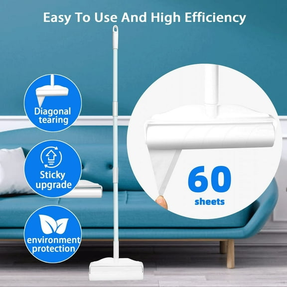 Long Handle Retractable Hair Roller with 60 Sheets Refill for Pet Hair Removal on Carpets, Sofas, and Car Seats - Adjustable 9-49 Inch Length for Efficient Home Cleaning