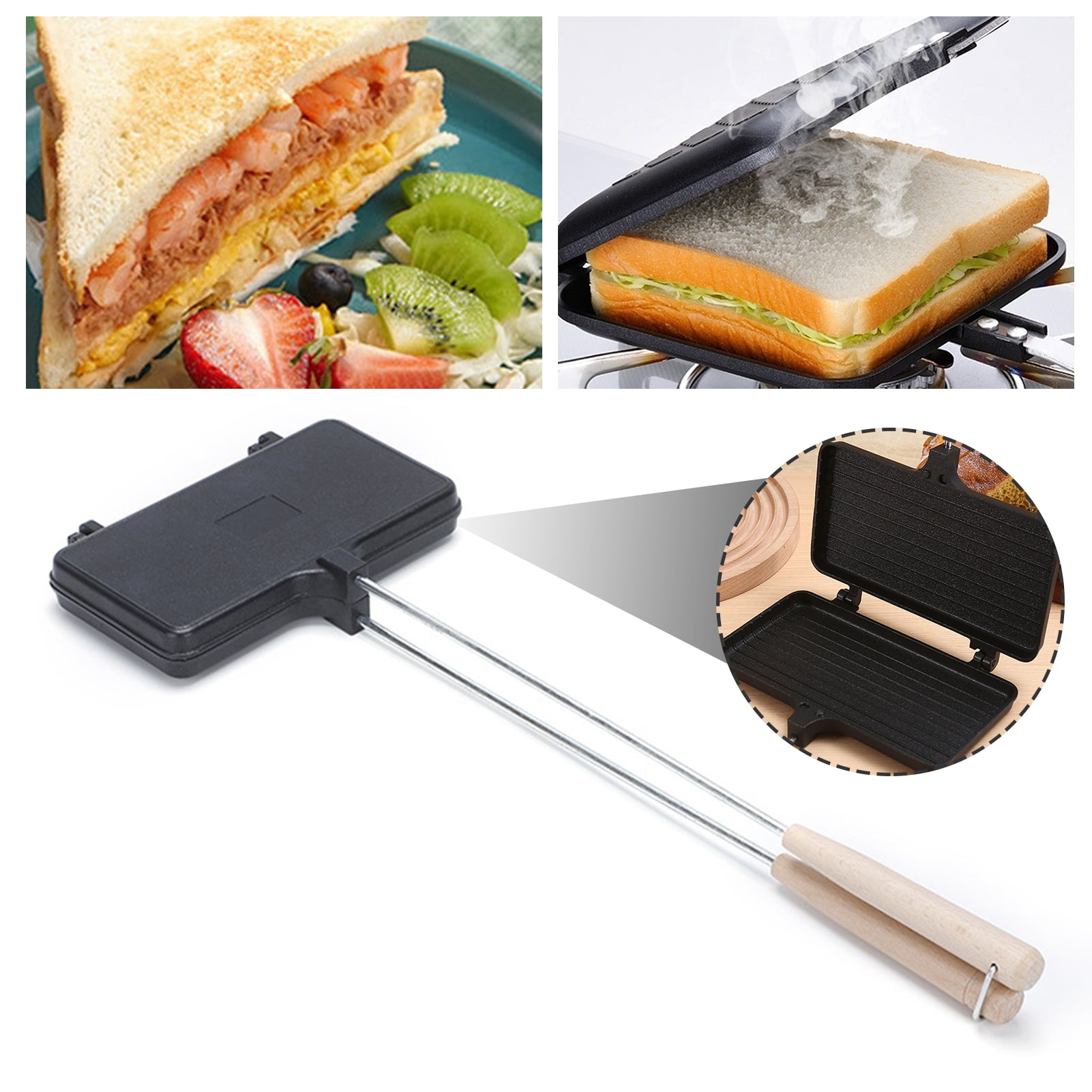 Long Handle Sandwich Pan Aluminum Alloy Double Pie Cooker Portable