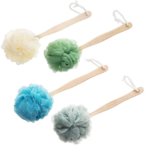 Long Handle Shower Loofah Back Scrubber, 4 Pack Large Bath Sponge Brush for Men & Women, Exfoliating Mesh Pouf Body Washer, Non-Slip Grip