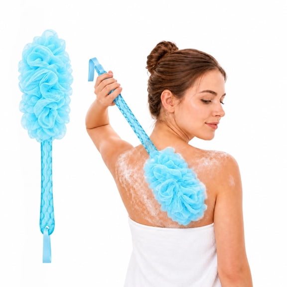 POITVD Long Handle Shower Loofah Back Scrubber for Shower, 17.3 in Bath Sponge with Handle, Soft Mesh Body Scrubber on a Stick for Rich Lather, Hanging Shower Back Brush for Women & Men,blue