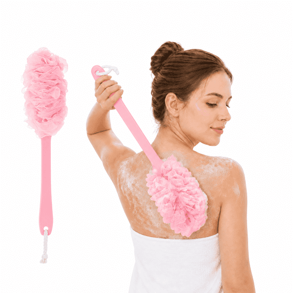 POITVD Long Handle Shower Loofah Back Scrubber for Shower, 17.3 in Bath Sponge with Handle, Soft Mesh Body Scrubber on a Stick for Rich Lather, Hanging Shower Back Brush for Women & Men,pink