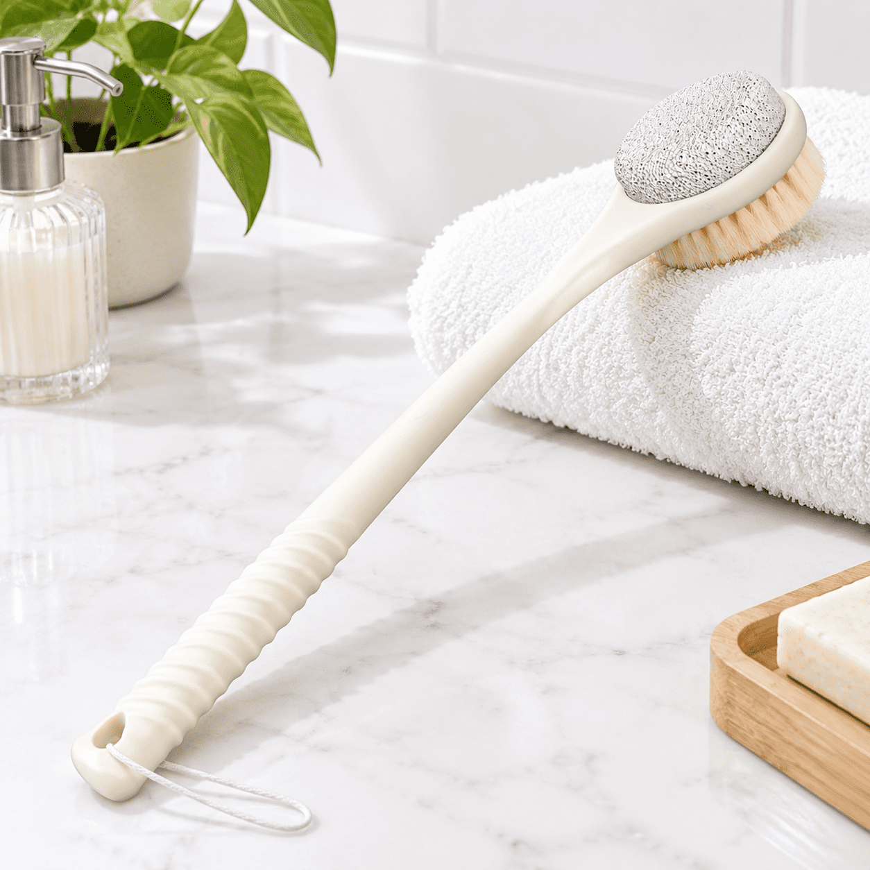 Long Handle Shower Scrubber, Yellow Dual-Sided Body Brush with Pumice ...