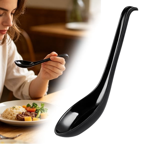 Long Handle Soup Spoon - Melamine Plastic Hooked Serving Spoon - Glossy Black Noodle Ramen Spoon for Home Kitchen