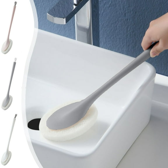 Long Handle Sponge Scrubber, Cleaning Brush, Plastic, 15.7 Inch Handle, Wall and Floor Scrub Brush, for Bathroom Tile, Kitchen Sinks, and Bathtubs, 1 Sponge Head, Pink, by FAJHHA