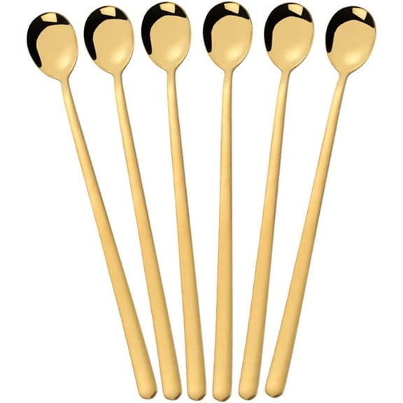 Long Handle Spoon, 9.25-inch Stainless Steel Iced Teaspoon Titanium Colorful Plated Spoons for Mixing,Tea,Milkshake,Coffee (Set of 6, Gold) Gold 9.25"