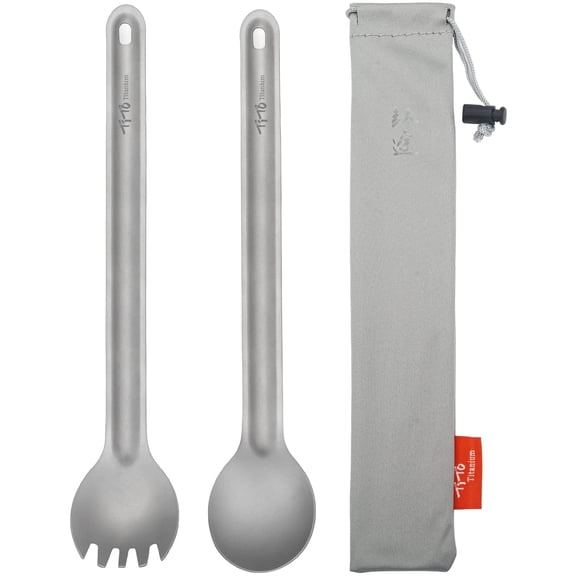 Long Handle Spork and Spoon Eco-Friendly Ultralight Portabale Flatware for Outdoor Camping Backpacking Hiking Travel Picnic Tableware with Bag (2Pcs Sandblasting)