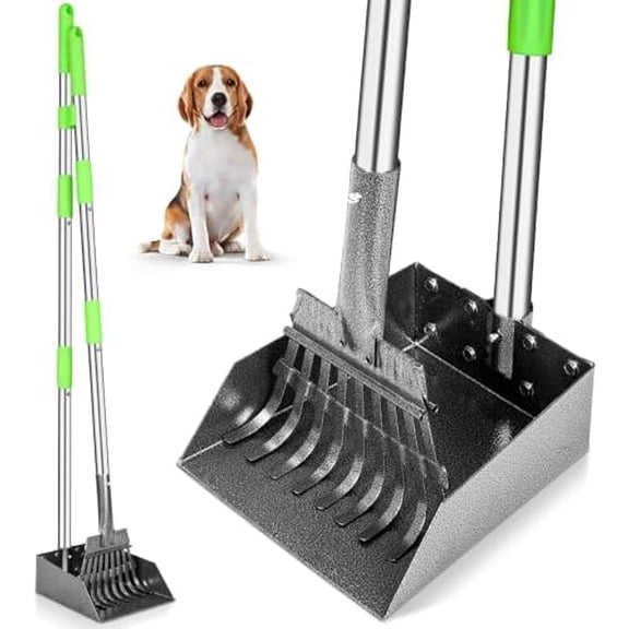 Long Handle Stainless Metal Tray and Rake for Medium Small Dogs Heavy Duty Pet Supplies to Use for Grass, Dirt or Gravel