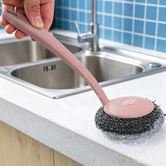 Long-Handle Stainless Steel Scrubber Brush, 10.2" x 2.4" Kitchen Cleaning Sponge With Handle, Rust-Resistant Metal Wool Scrubber For Pots, Pans & Dishes, Non-Slip Grip Cleaning Tool In Light Pink