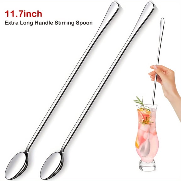 Long Handle Stainless Steel Stirring Spoons, Extra Long Iced Tea and Cocktail Mixing Spoon Set, 2 Pieces, Silver, for Coffee Milkshakes Desserts Silver