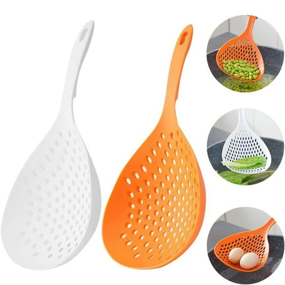 Long Handle Strainer Spoon Basdi Slotted Pasta Strainer Spoon - Long Handle Food Drainer Shovel for Kitchen Cooking | Heat-Resistant Plastic, Easy Grip, Perfect for Noodles and Vegetables, Orange