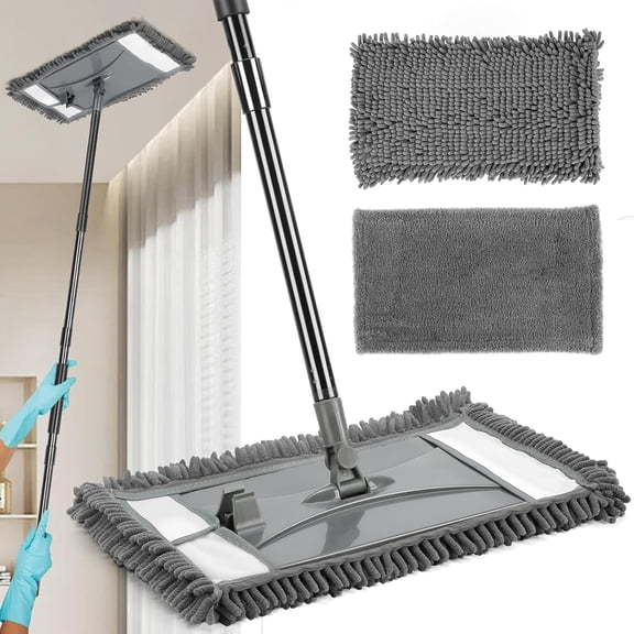Long Handle Wall Cleaner Mop with 2 Reusable Microfiber Pads, Multi-Surface Dry & Wet Cleaning Mop for Washing Walls, Ceilings, Baseboards and Hard Floors