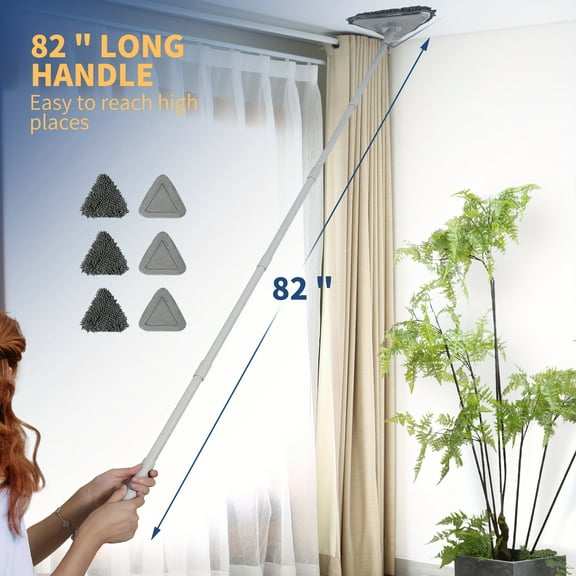 Long Handle Wall Cleaner Mop 82 Inches Long Handle Wall Cleaner Mop - Baseboard Cleaner Tool Duster with Squeegee - Ceiling Cleaning Tool with 6 Replacement Pads