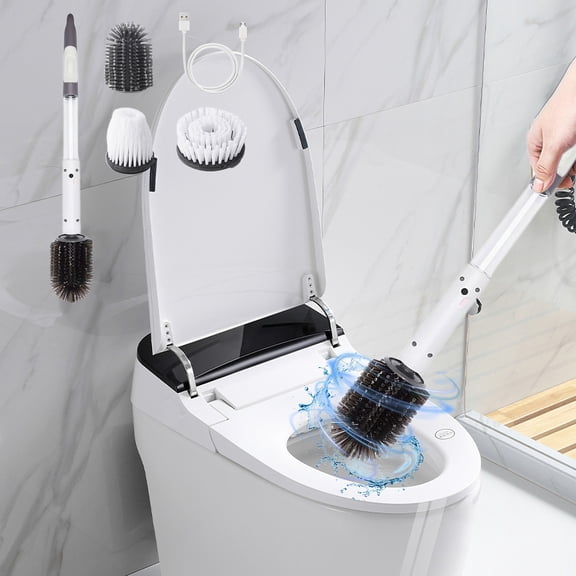 Long Handle Wireless Charging Toilet Brush with Three Replaceable Heads, Intelligent 360° Cleaning for Bathroom, Kitchen, and Floor, USB Rechargeable with Strong Motor White