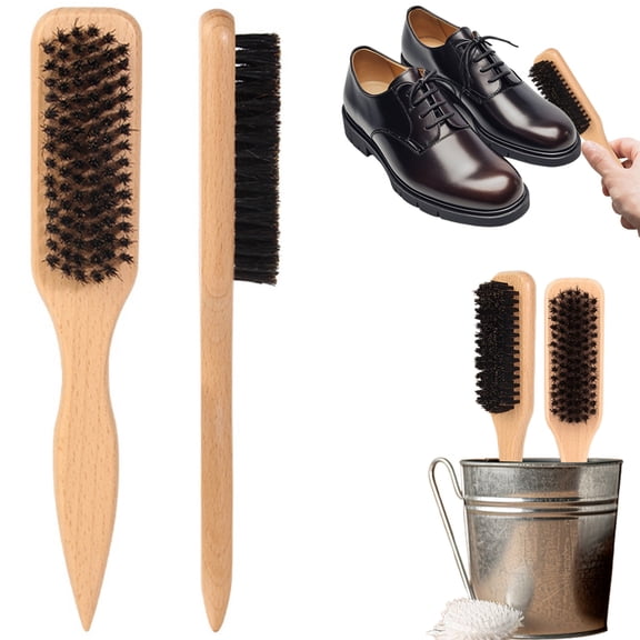 Long Handle Wooden Shoe Brush with Natural Bristles - Multi-Purpose Laundry and Cleaning Brush, Heavy Duty Shoe Cleaning Tool for Suede and Leather, Household Scrub Brush for Rugs and Upholstery