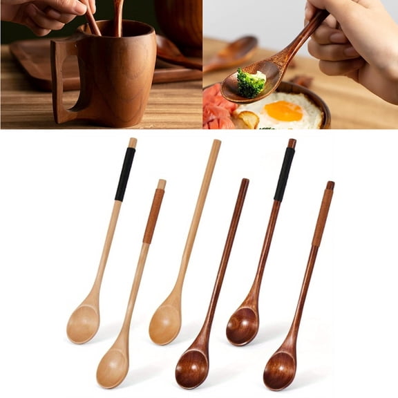 Long Handle Wooden Spoon Set 6-Piece, Cooking Utensils with Soup Ladle and Stirring Spoons, Handmade Kitchenware for Mixing and Serving