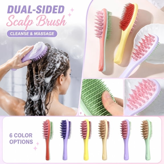 Long Handled Double-Sided Scalp Massager Brush, Silicone Hair Brush for Wet & Dry Use, Gentle Detangling & Scalp Stimulation Comb for Thick, Long, or Layered Hair