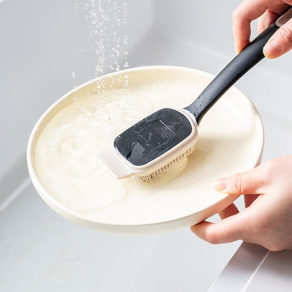 Long-Handled Kitchen Pot Brush | Non-Stick Scrubbing Brush with Scraper | Multi-Functional Cleaning Tool for Woks, Frying Pans | Plastic Handle, Red or Beige, 23.5cm