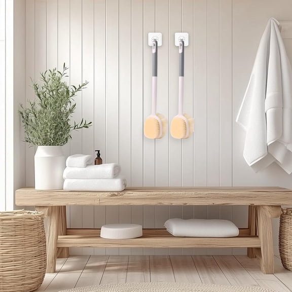 Long Handled Shower Brush, Double-Sided Bath Brush with Bristles and Loofah, Body Exfoliator Mesh Sponge