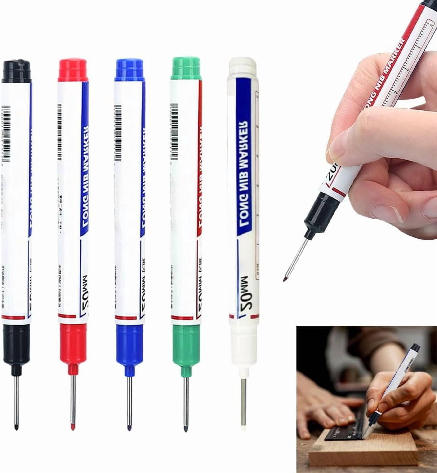 Long Head Deep Hole Marker Pens, 20mm Deep Reach Metal Long Nib Marker Set, Professional Construction Permanent Markers Scriber Marking Tools - Quick-dry Waterproof(5 PCS)