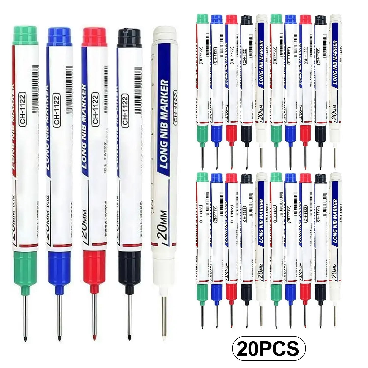 Long Head Deep Hole Marker Pens (5/10/15/20 Pcs) - 20mm Waterproof Permanent Pens for Carpenter/Metal/Outdoor Work