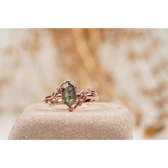 Long Hexagon Cut Moss Agate Leaf Solitaire Ring