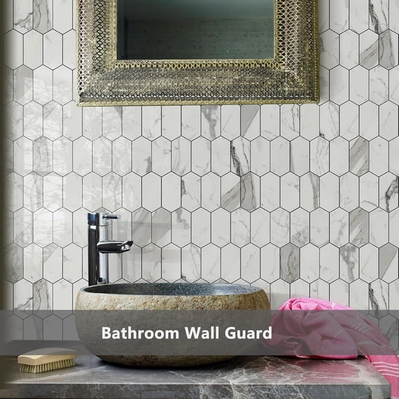 Long Hexagon Peel and Stick Backsplash Tile - 10 Sheets Stick on Backsplash for Kitchen and Bathroom 12.4 x 12 Inch Glossy Carrara White PVC Self Adhesive Mosaic Wall Tiles