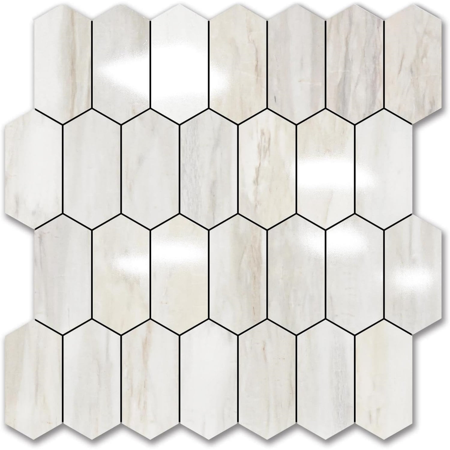 Long Hexagon Peel and Stick Backsplash Tile - 10 Sheets Stick on Backsplash for Kitchen and Bathroom 12.4 x 12 Inch Glossy Wood Grain PVC Self Adhesive Mosaic Wall Tiles