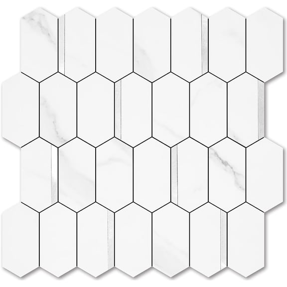 Long Hexagon Peel and Stick Backsplash Tile - 10 Sheets Stick on Backsplash for Kitchen and Bathroom 12.4 x 12 Inch White Marble Look PVC Mixed Metal Silver Self Adhesive Mosaic Wall Tiles