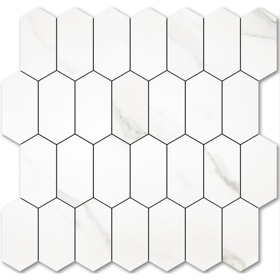 Long Hexagon Peel and Stick Backsplash Tile - 10 Sheets Stick on Backsplash for Kitchen and Bathroom 12.4 x 12 Inch White Marble Look PVC Self Adhesive Mosaic Wall Tiles
