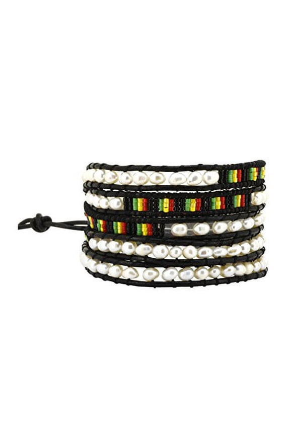 Long Hippie Bohemian Seed Beads Rasta Beaded Wrap Around Leather Bracelet (Freshwater Cultured Pearl)