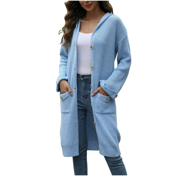 Long Hooded Cardigan Sweaters for Women 2024 Loose Fit Open Front Cardigans Fall Knit Sweater Coat with Pockets