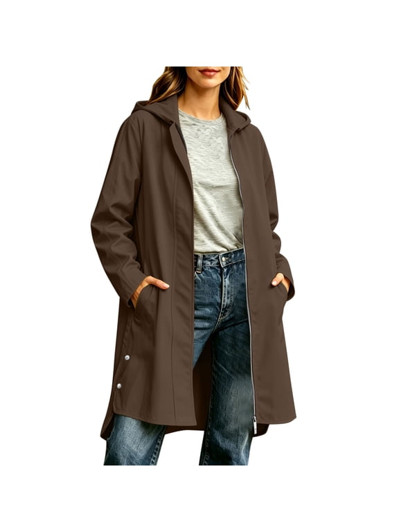 Long Hooded Rain Jacket Women, Waterproof Windproof Raincoat with Pockets Trench Coat Brown S(S)