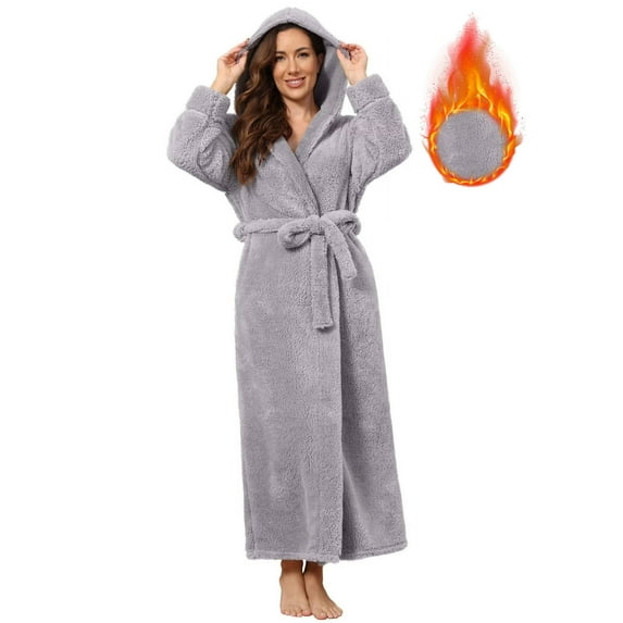 Long Hooded Robes for Women Luxurious Plush Bathrobes with Pockets & Waist Belt Full Length Bathrobe Winter Warm Sleepwear - L & Light Gray