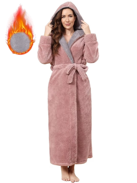 Long Hooded Robes for Women Luxurious Plush Bathrobes with Pockets & Waist Belt Full Length Bathrobe Winter Warm Sleepwear - M & Brown