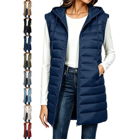 Long Hooded Vest for Women Mid Length Zip Front Sleeveless Cozy Daily Vest