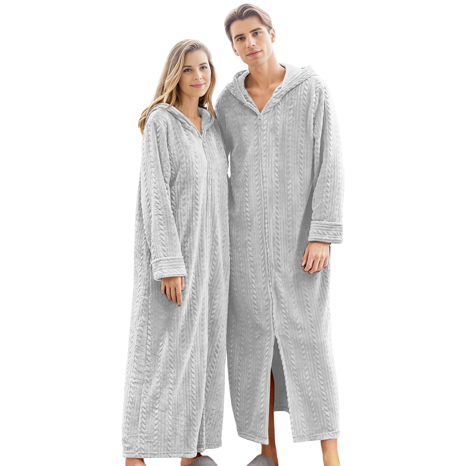 Long Hooded Zipper Bathrobe For Lovers Flannel Fleece Robes Winter Warm
