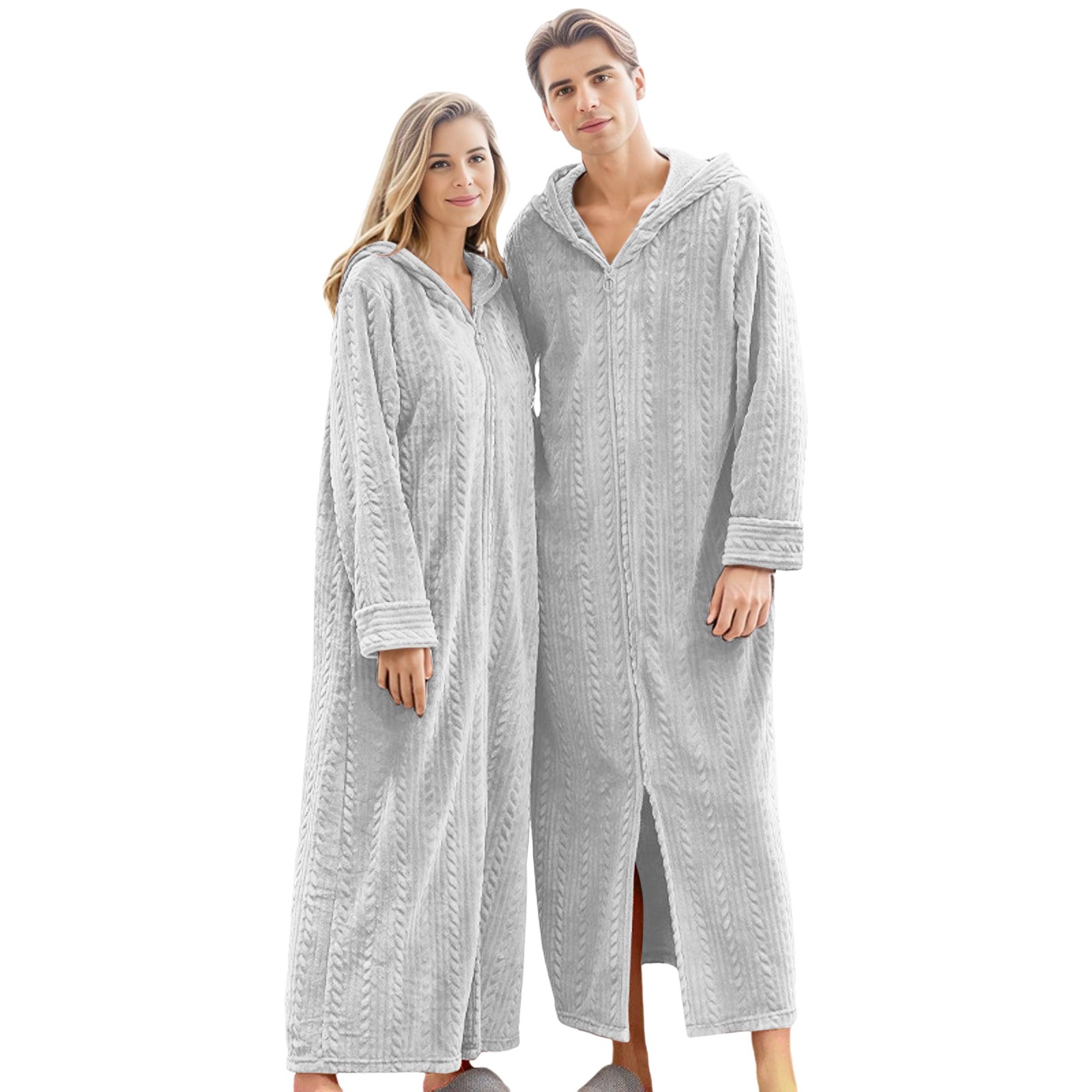 Long Hooded Zipper Bathrobe For Lovers Flannel Fleece Robes Winter Warm ...