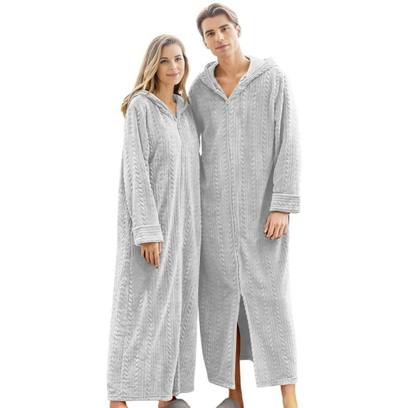 Long Hooded Zipper Bathrobe For Lovers Flannel Robes Winter Warm Housecoat Nightgown Sleepwear Pajamas