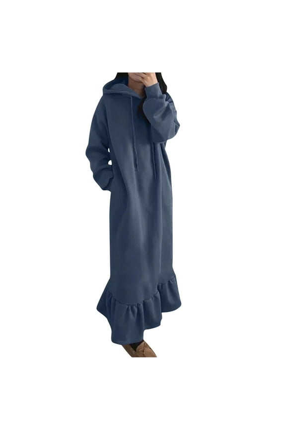 Long Hoodie Dress for Women, Comfy Cotton Fleece Ruffle Hem Full Sleeve Hooded Sweatshirt Sweater Plain Maxi Dress (5X-Large, Blue)