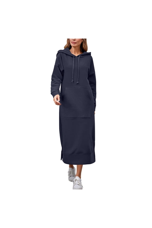 Long Hoodie Dress for Women with Pocket Cotton Fleece Drawstring Hooded Sweatshirts Plus Size Fall Winter Maxi Dress (5XL, Navy)