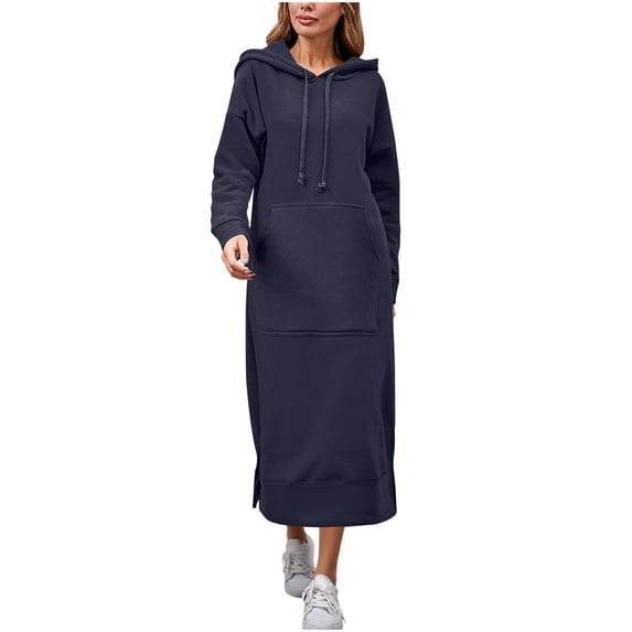 Long Hoodie Dress for Women with Pocket Cotton Fleece Drawstring Hooded Sweatshirts Plus Size Fall Winter Maxi Dress (M, Navy)