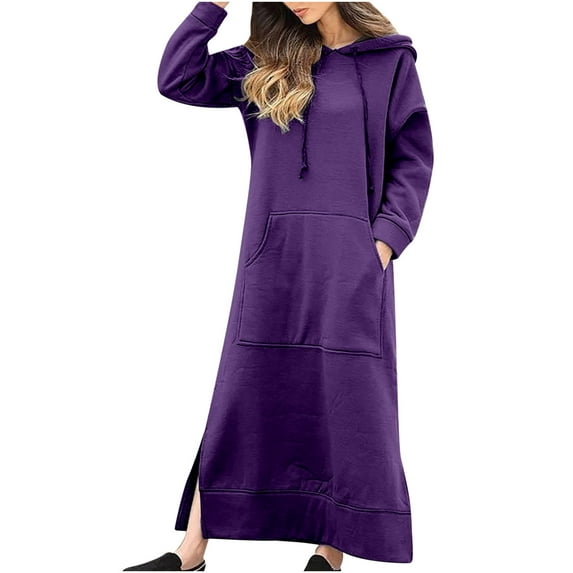 Long Hoodie Sweatshirt Dress with Pockets Cotton Fleece Hooded Pullover Hoody Maxi Dresses for Women Winter Fall (S, Purple)
