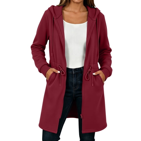 Long Hoodie Women Drawstring Zip-up Fleece Hooded Jackets Tie Waist Loose Casual Fashion Sweatshirts with Pockets Red XXL