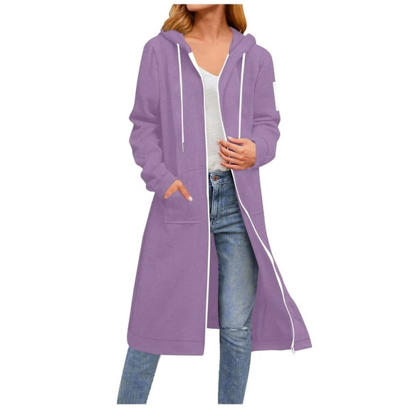 Long Hoodie for Women Winter Coats Zip Up Jackets Hooded Sweatshirts Casual Fashion Solid Color Long Sleeve Hooded Pocket Zipper Drawstring Pocket Tops Sweatshirts Fall Clothing Hoodies Coats