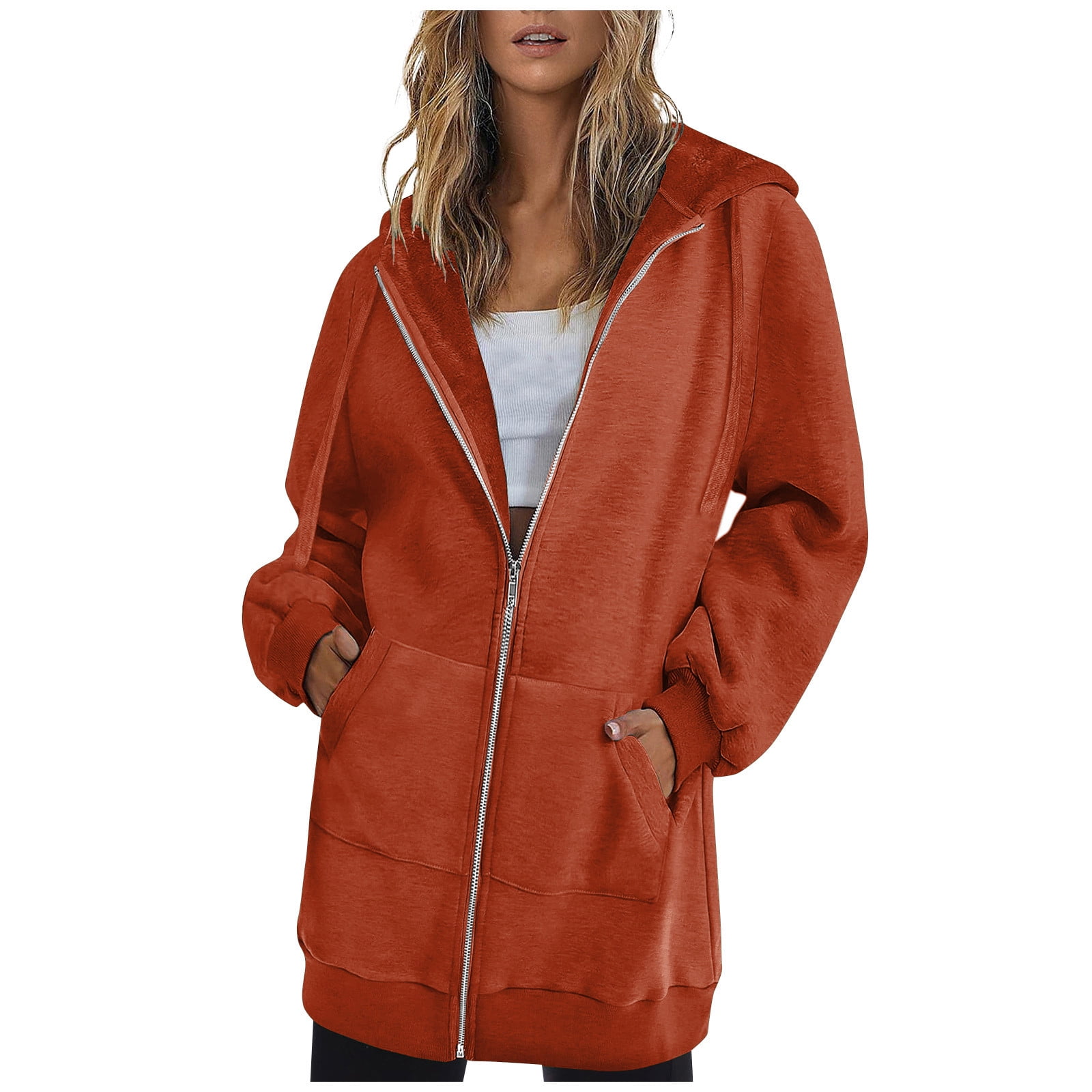 Long Hoodie for Women Casual Fleece Plain Full zip Jackets Mid length Comfy Long Sleeve Pockets Hooded Sweatshirt Large Orange Walmart