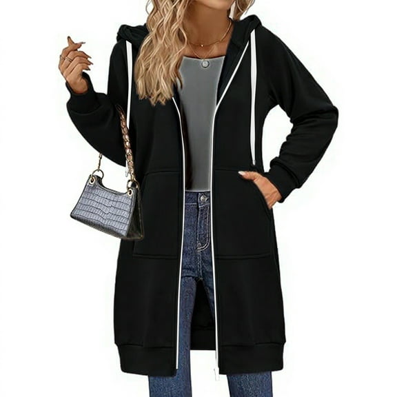 Long Hoodies For Women Zip Up Oversized Double Zipper Lined Fall Outfits Jackets Oversized Hooded Sweatshirts With PocketsBlack XL